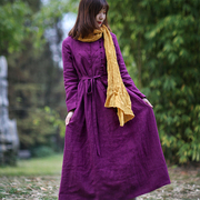 原创设计紫色色织亚麻立领偏襟盘扣手绣气质夹层连衣裙