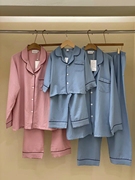 韩国lunaluz简约纯色衬衫领前扣涤纶睡衣套装情侣，亲子儿童春秋季