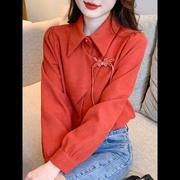 复古红色长袖衬衫女士2024春季中国风盘扣衬衣设计感气质上衣