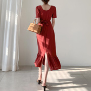 韩国chic夏季法式气质方领棉麻，荷叶边鱼尾，连衣裙收腰显瘦短袖长裙
