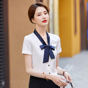 工作服V领衬衫2024韩版职业女装蝴蝶结飘带修身显瘦打底短袖衬衣
