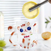 家用卡通可爱带把猫咪图案浮雕，咖啡杯早餐杯，牛奶杯玻璃杯水杯杯子