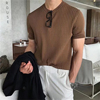 韩国ulzzang条纹t恤男小领口咖色冰丝短袖高级感上衣夏装百搭体恤