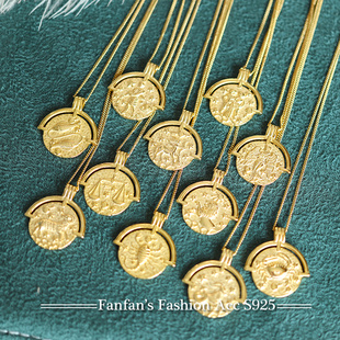 925纯银金币十二星座长项链女罗马浮雕圆牌欧美毛衣链白羊座吊坠