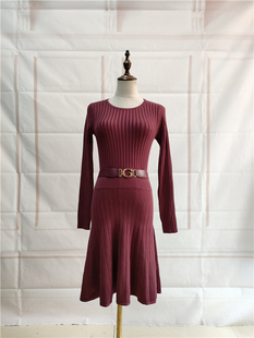 美国老牌 G家S系列 勃艮第红坑条纹弹力修身腰带装饰针织连衣裙
