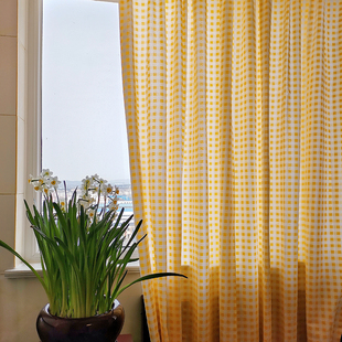 外贸出租屋黄色格子窗帘魔术贴款小清新半帘半遮光短帘卧室阳台