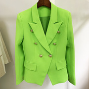2024欧美明星时尚荧光绿色狮子金属双排扣修身西装夹克外套女