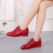 红色皮鞋女软皮内增高真牛皮平底鞋子2023年春秋季女士休闲鞋