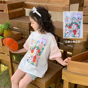女童小兔子短袖t恤2024夏季宝宝洋气上衣儿童卡通印花打底衫