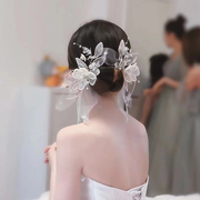 新娘头饰2022韩式森系头花朵对夹仙美结婚礼服婚纱白纱发饰品