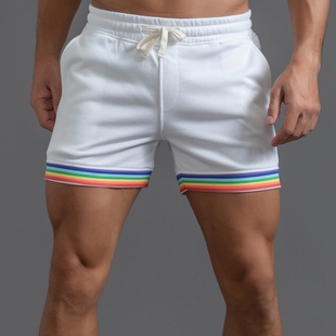 彩虹条纯白色短裤男运动短裤重磅纯棉健身三分裤青年夏季超短裤