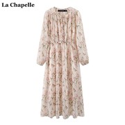 拉夏贝尔/La Chapelle春季泡泡袖垂感连衣裙女长袖雪纺碎花裙