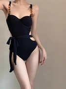 candygirls黑色高级感时尚，连体2024泳衣女，小胸钢托聚拢遮肚夏