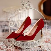 气质结婚婚鞋女新娘鞋2024年水钻细跟秀禾婚纱，两穿红色高跟鞋