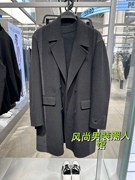 B1AAD4208 太平鸟男装2023冬季时尚黑色落肩阔版中长款大衣潮