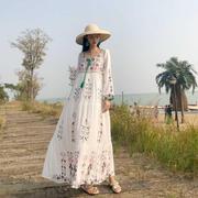 夏季大码女连衣裙长袖白色长裙海边加大加长沙滩度假旅游棉麻海滩