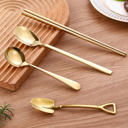 韩式筷子实心扁筷304不锈钢，金色方形防滑筷子，勺子韩国烤肉店餐具