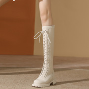白色骑士靴女秋冬季软皮系带厚底显瘦靴子女粗跟长筒靴气质高筒靴