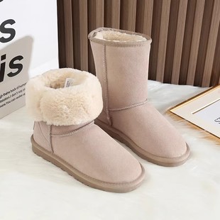 雪地靴女款2023冬季中筒防滑加厚两穿棉鞋，真皮加绒保暖棉靴子