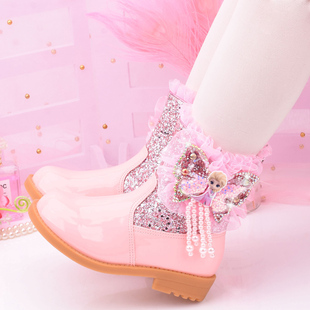 女童靴子冰雪奇缘公主靴，蝴蝶结儿童短靴加绒保暖棉靴平底靴子