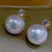 超大珍珠耳钉戴妃媲美澳白天然淡水纯银正圆，爱迪生王妃款单钻锆石