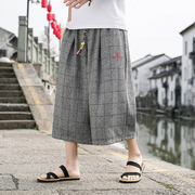 中国风棉麻男裤子复古风，男士刺绣薄款格子，冰丝七分裤宽松阔腿裤