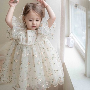 HIBYEBEBE韩国童装24夏女婴小童刺绣公主周岁网纱连衣裙洋装