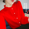 衬衫女红色别致小衫2023设计感小众，上衣褂大码洋气减龄雪纺衫