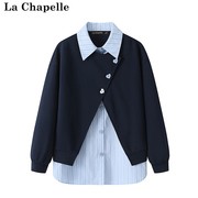 拉夏贝尔/La Chapelle秋装款针织坎肩拼接条纹长袖衬衫假两件套女