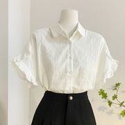 白色polo领喇叭袖衬衫，女夏季设计感小众宽松气质减龄洋气短袖上衣