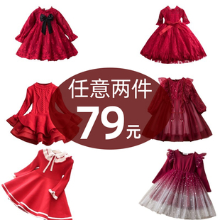 女童连衣裙秋冬中国风洋气冬季儿童，裙子拜年公主，裙红色旗袍新年裙
