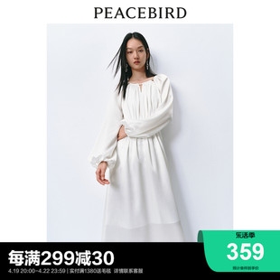 太平鸟法式镂空慵懒连衣裙，2024春度假风，长袖雪纺飘逸长裙气质