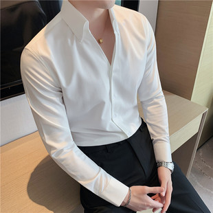 法式一片领白色打底长袖衬衫，男纯色痞帅高级感立领，衬衣v领内搭潮