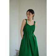 徐莫西正反两穿法式复古绿色气质亚麻吊带连衣裙女夏度假风长裙子