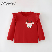 红色鹿女童衣秋季欧美中小童，长袖打底衫，休闲圆领衫儿童纯棉t