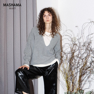 MASHAMA SELECT 2023冬季女士宽松羊毛深v领内搭套头针织衫