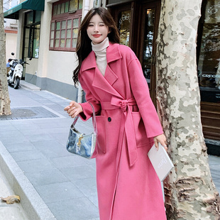 玫红色呢子大衣女冬季2023韩版今年流行宽松中长款毛呢外套潮