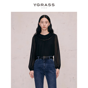VGRASS复古编织镂空绣花片黑色真丝衬衫女春季云肩设计高级感