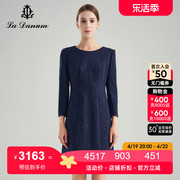阿丹娜春季蓝色羊毛混纺圆领长袖收腰A字版连衣裙LTA614DRX0