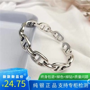 纯银复古手镯韩版气质个性日字型做旧泰银手环简约锁链设计感饰品