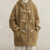 复述羊毛混纺驼色中长款冬季外套 舒适圈圈毛木质橄榄扣连帽大衣