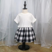 韩国裙子女童连衣裙纯棉白色格子，假两件幼童，拼接裙休闲文艺儿童裙