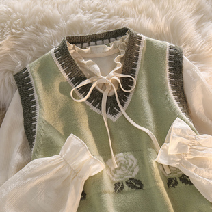 韩系多巴胺套装抹茶绿针织背心，马甲女系带雪纺，衬衫奶系叠穿两件套