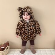 冬装婴儿豹纹毛毛外套洋气，宝宝仿貂绒连帽棉袄，女童加绒保暖棉衣