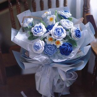 蓝白色渐变玫瑰花束diy材料包毛线手工编织成品送闺蜜送老婆礼物