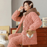 睡衣女冬季三层加厚珊瑚绒夹棉袄韩版冬天保暖加绒女士家居服套装