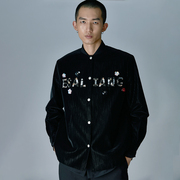 黑色字母装饰圆领外套暗纹理PU夹克上衣 Esa Liang梁冰琴原创设计