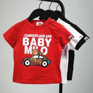 夏潮牌猴子女童男童小汽车，纯棉短袖t恤儿童，红黑白色半袖背心上衣