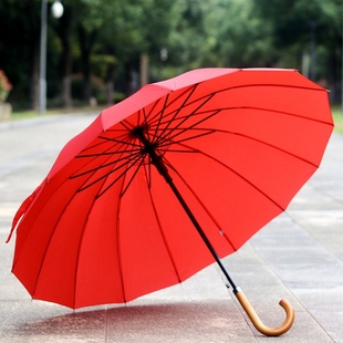 大红色16骨伞晴雨两用伞长柄，伞自动太阳伞，抗风设计实木手柄广告伞