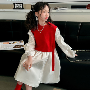 女童套裙红色新年服儿童，韩系连衣裙春季公主，可爱衬衫马甲两件套潮